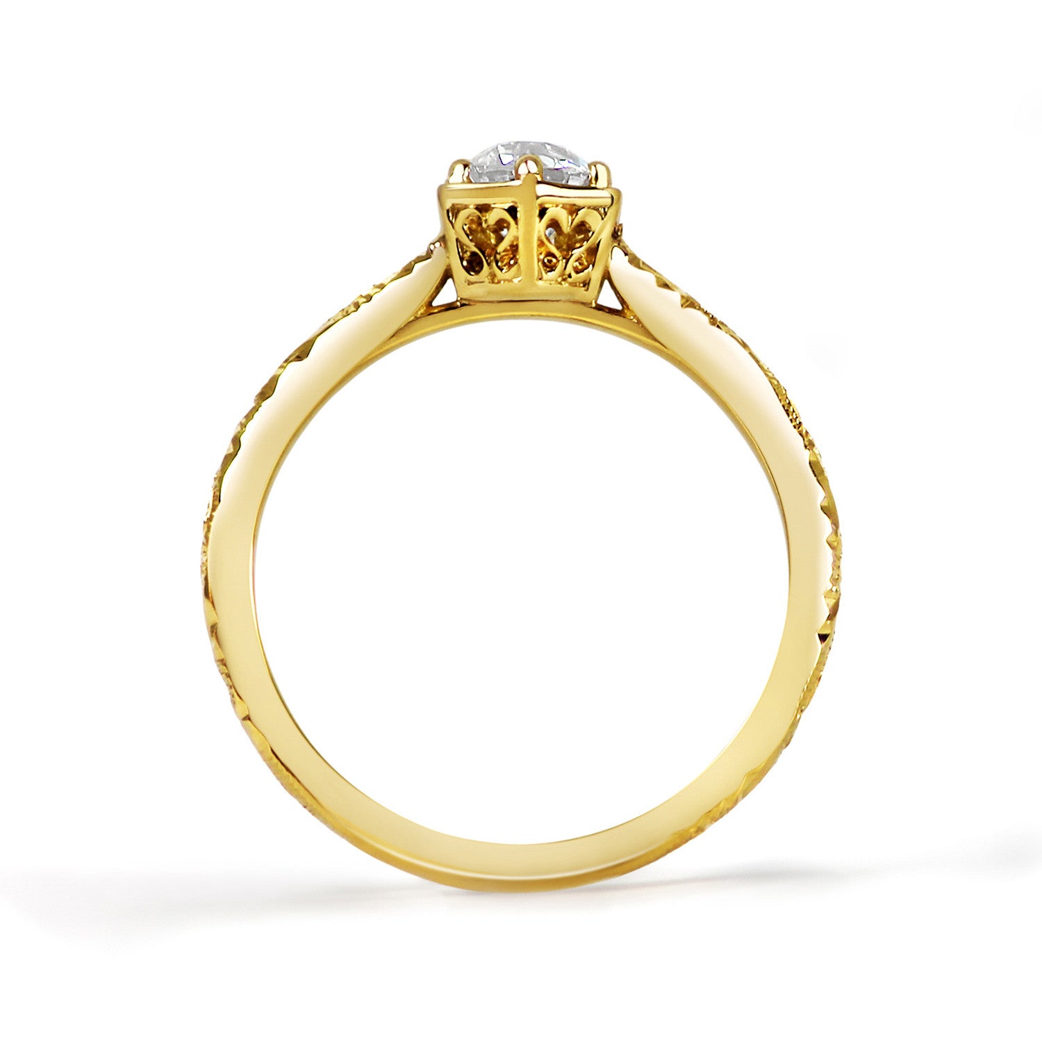 Bespoke Ed engagement ring - Fairtrade yellow gold, Canadian diamond and scroll engraving