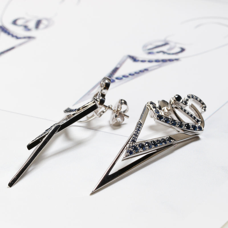 Bespoke Arrow Sapphire Earrings - 18ct white gold, ethical blue sapphires and dismountable structure