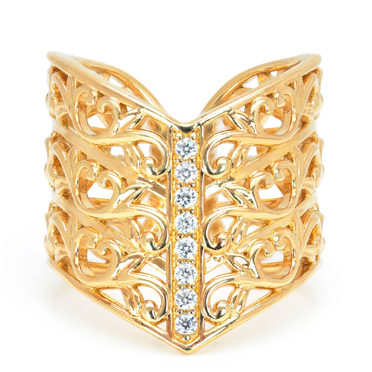 Artisan Filigree Ethical Gold Wishbone Jacket Ring with Conflict-Free Diamonds