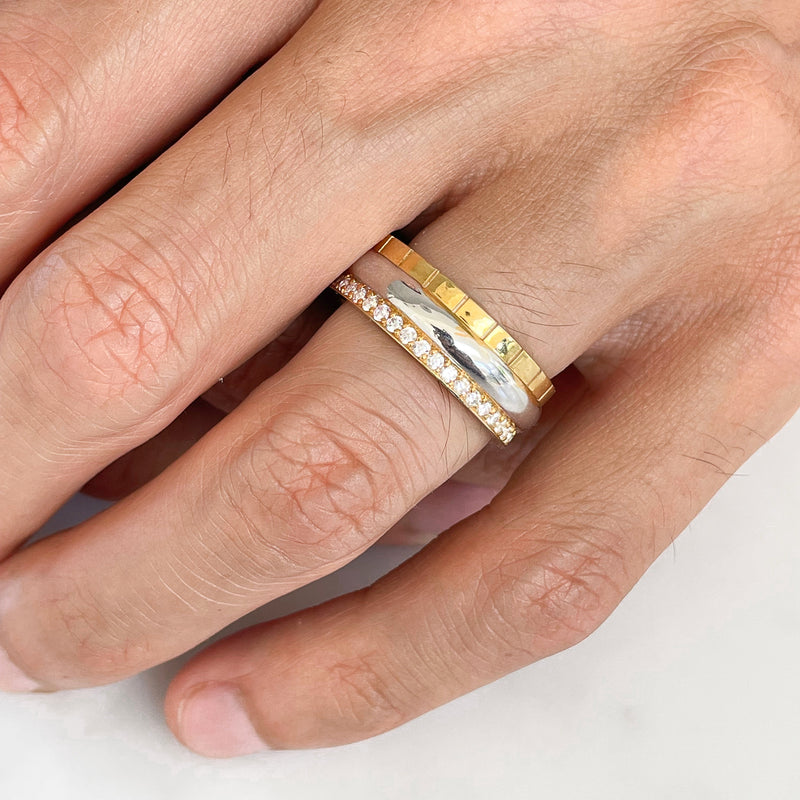 Freedom Ethical Gold Wedding Ring, 18ct white and yellow recycled gold, traceable and conflict-free Sri Lankan sapphires, three bands