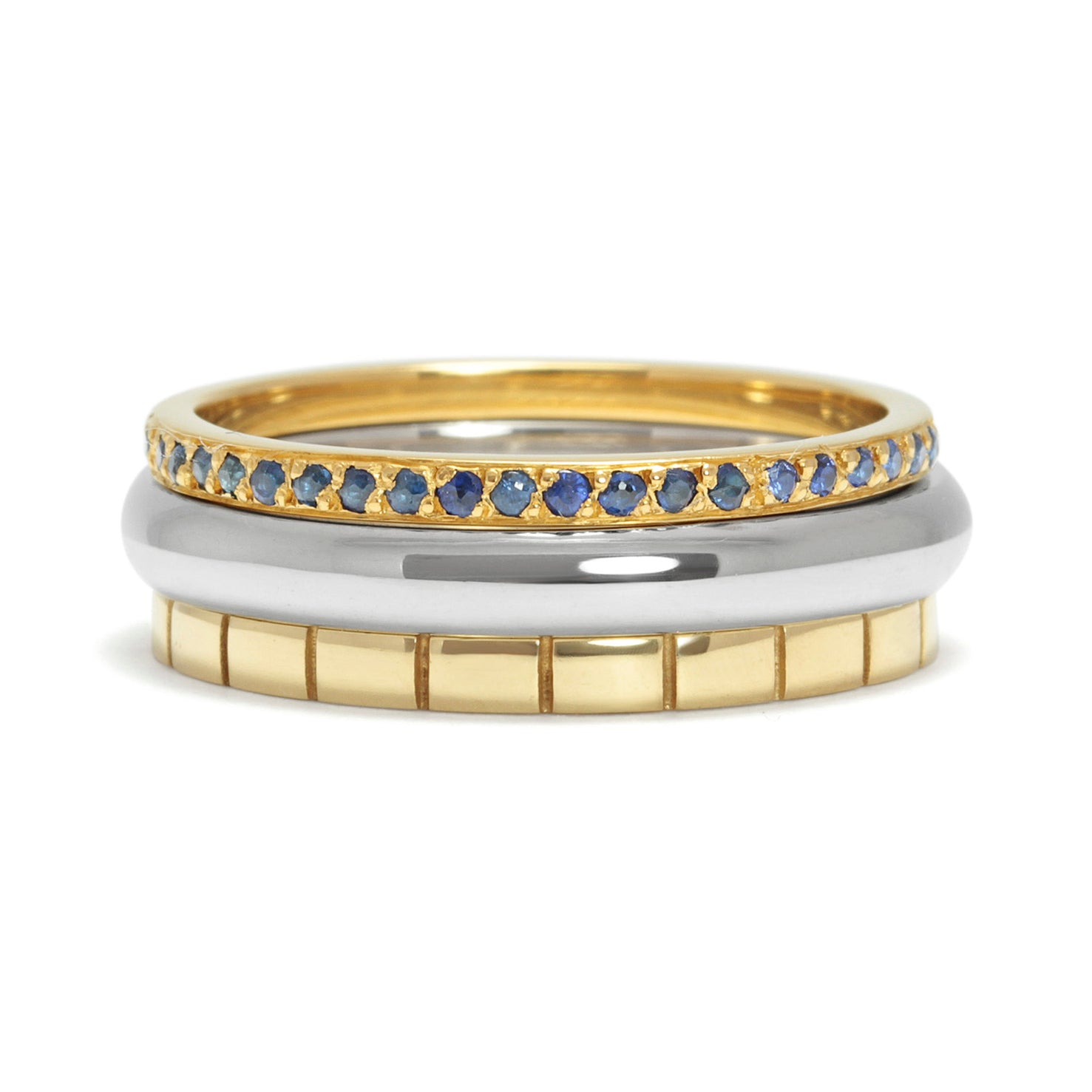 Freedom Ethical Gold Wedding Ring, 18ct white and yellow recycled gold, traceable and conflict-free Sri Lankan sapphires, three bands