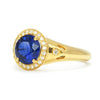 Bespoke Raiyah engagement ring, 18ct yellow Fairtrade gold, upcycled round blue sapphire and upcycled diamonds