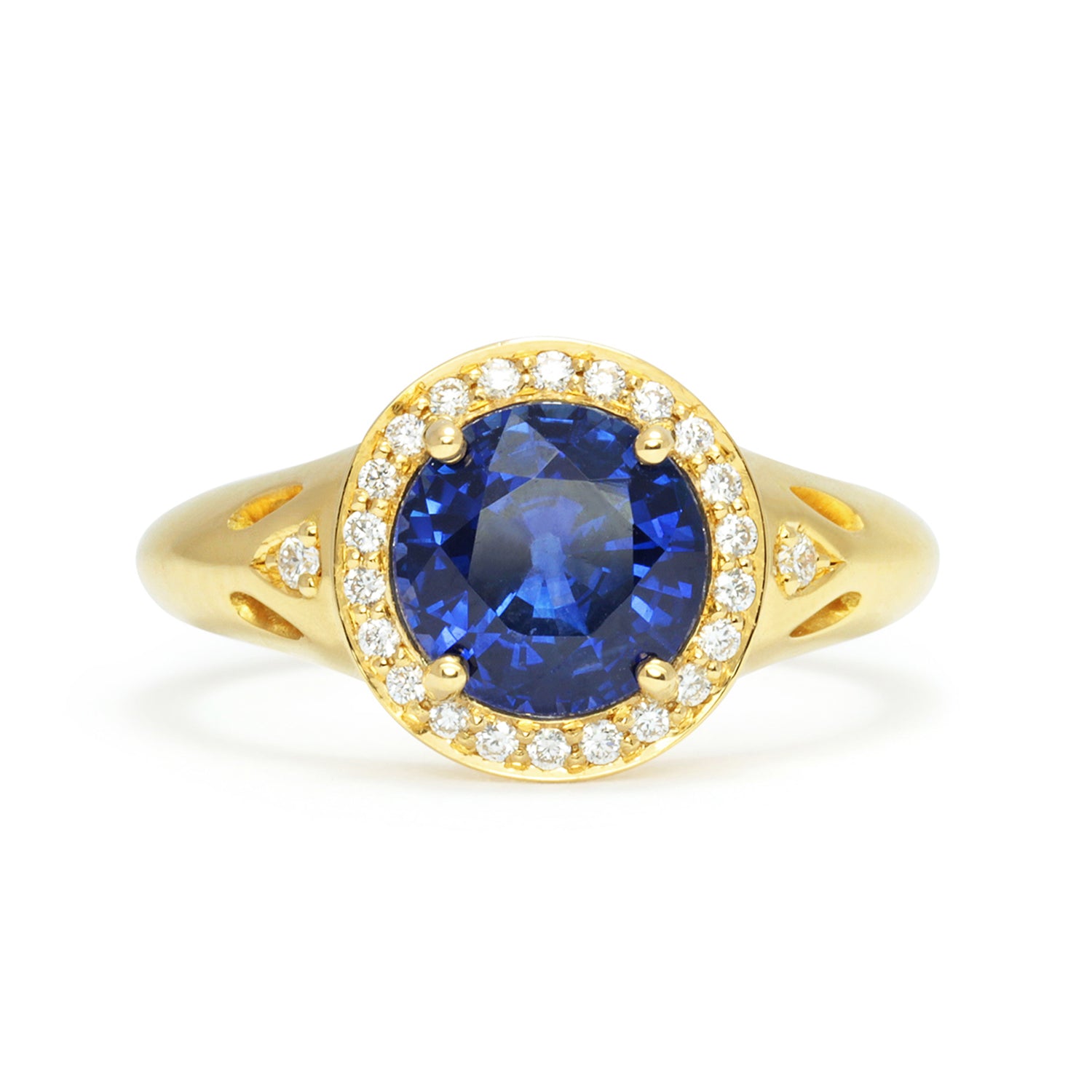 Bespoke Raiyah engagement ring, 18ct yellow Fairtrade gold, upcycled round blue sapphire and upcycled diamonds 2