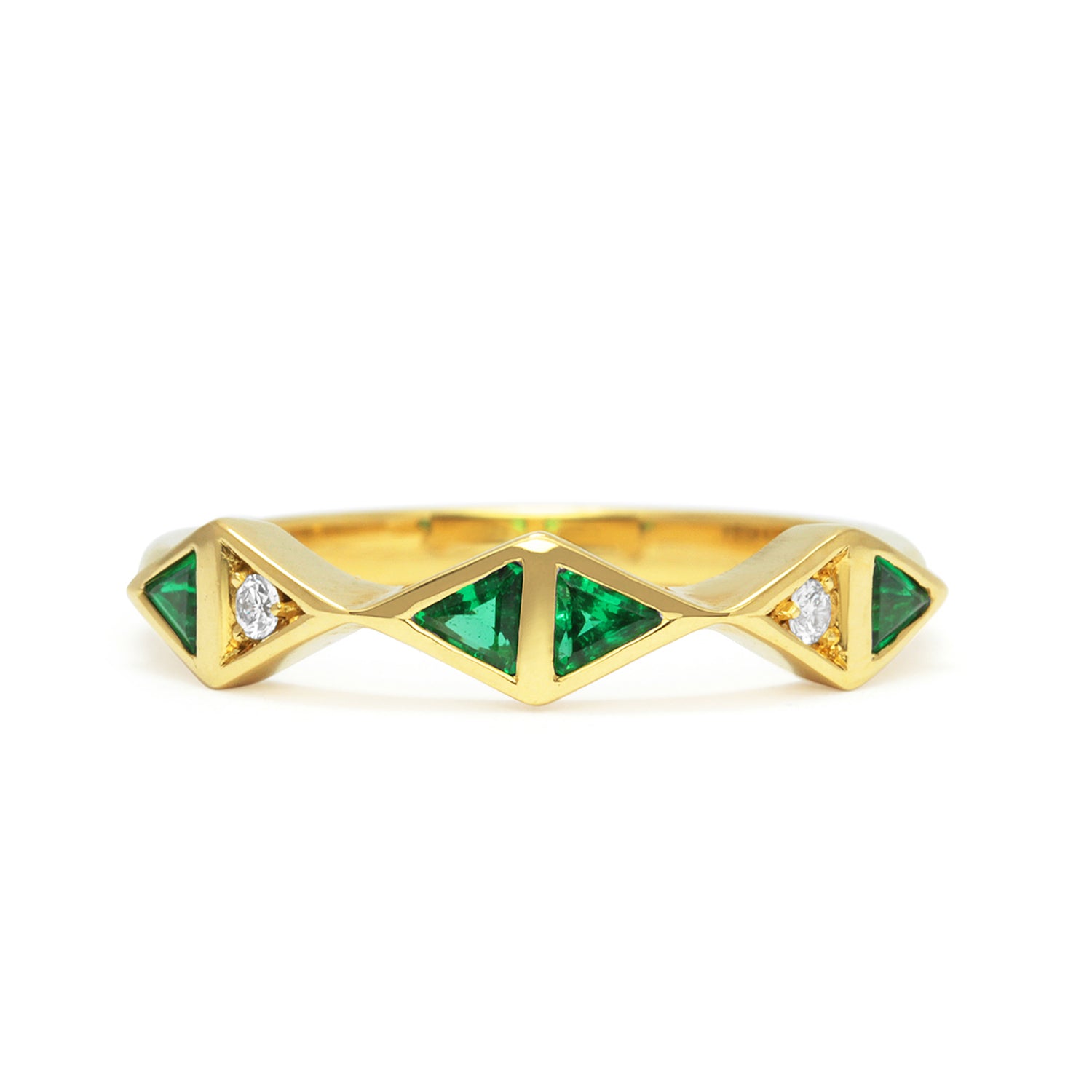 Bespoke Raiyah jacket ring, 18ct yellow Fairtrade Gold, upcycled emeralds and Canadian diamonds