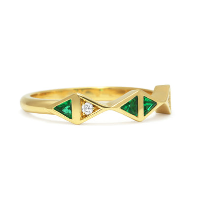 Bespoke Raiyah jacket ring, 18ct yellow Fairtrade Gold, upcycled emeralds and Canadian diamonds 2