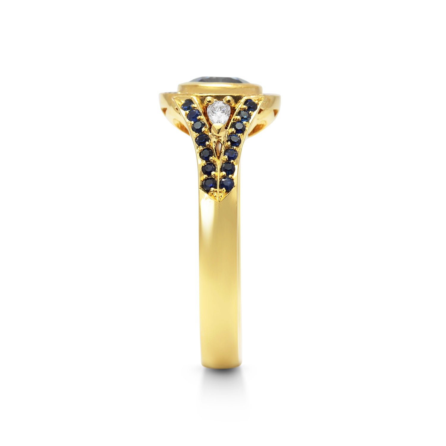 Bespoke Laura engagement ring with a 0.9ct blue Sri Lankan sapphire, blue Australian sapphires, pear-cut conflict-free African diamonds, fair-traded amethyst and 18ct yellow Fairtrade Gold 3