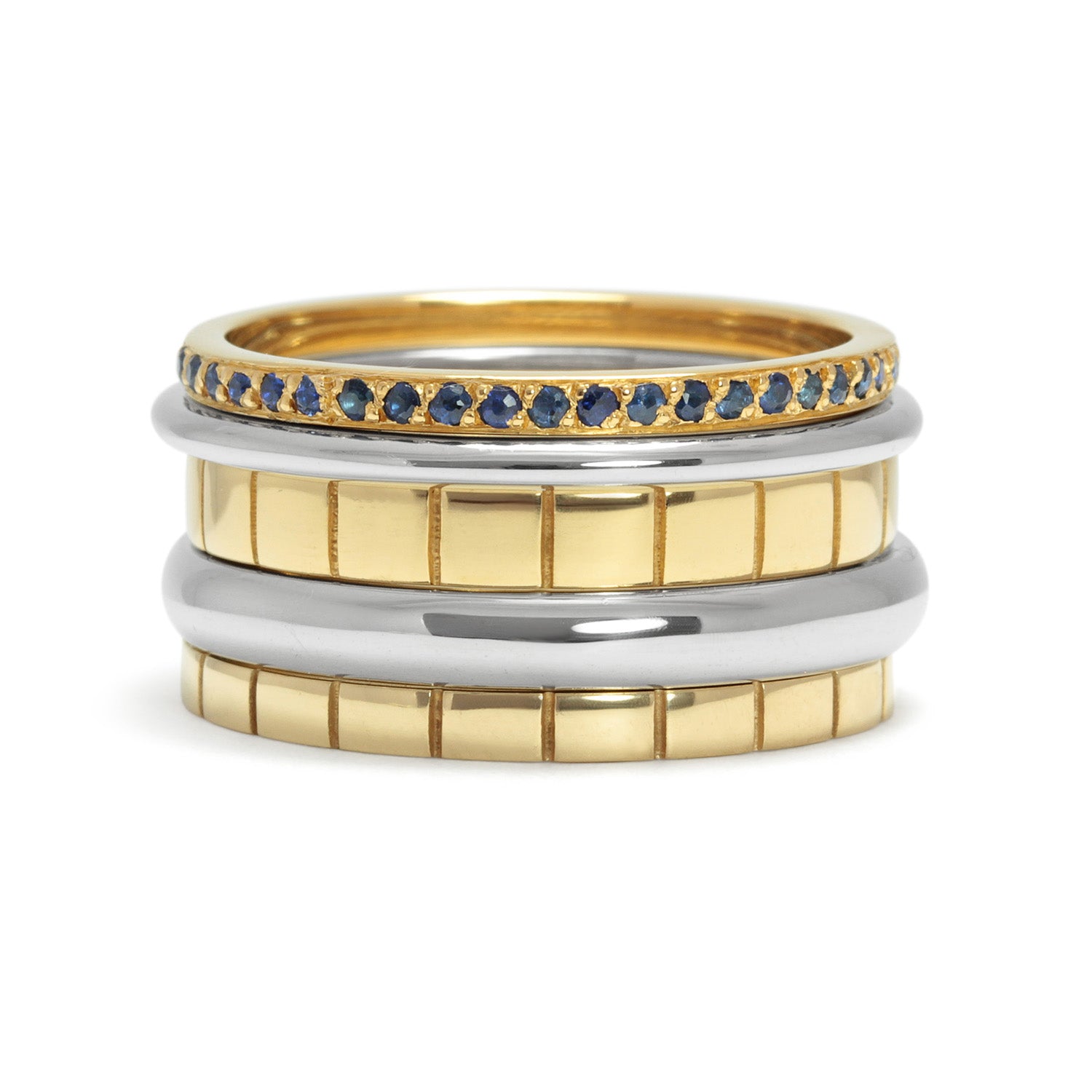 Freedom Ethical Gold Stacking Commitment Wedding Ring, 18ct recycled white and yellow gold, fair-traded Sri Lankan sapphires, conflict-free Canadian diamonds, five bands 2
