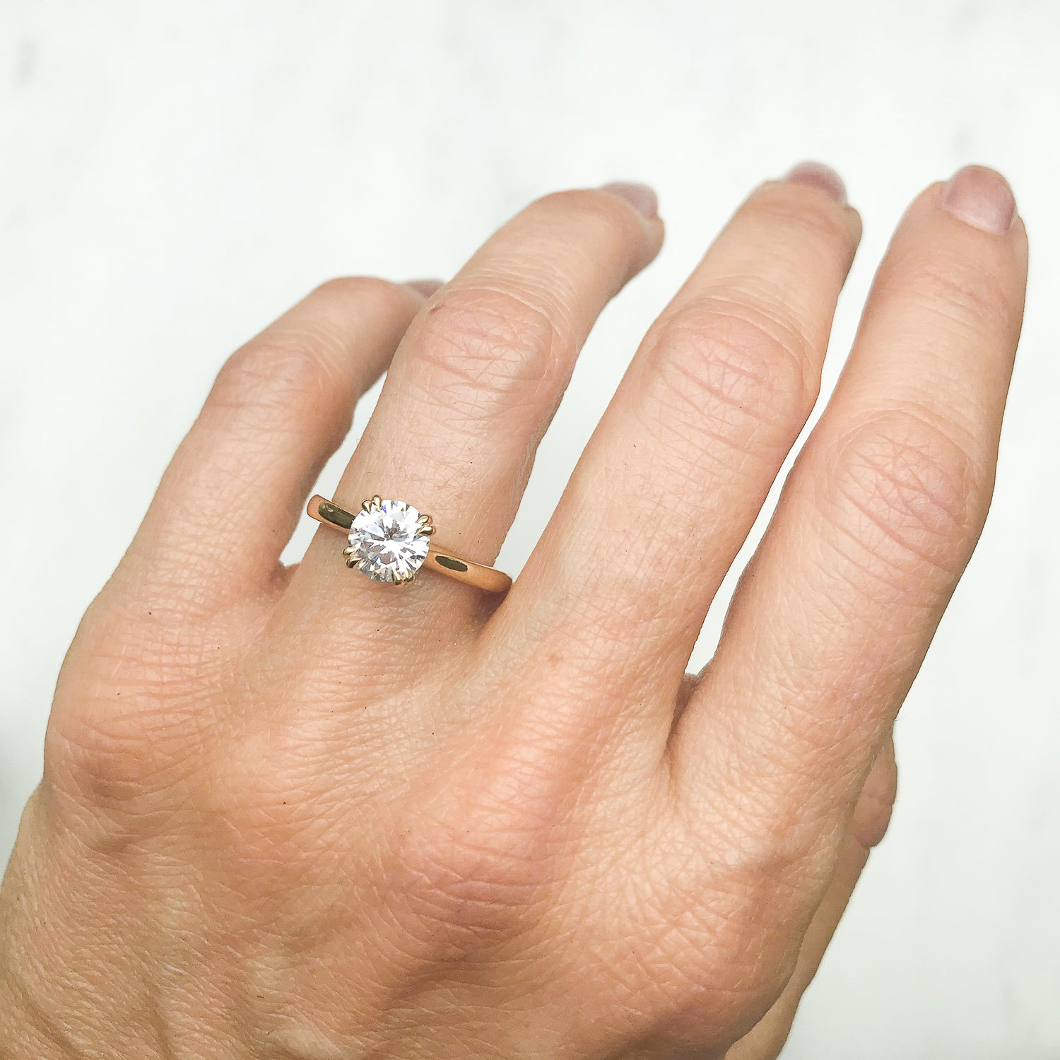 Lebrusan Studio Artisan Ethical Diamond Solitaire Engagement Ring, 1ct Ocean Diamond, 18ct Fairmined Ecological Gold, on the hand