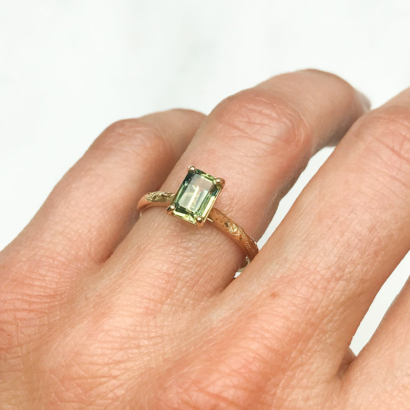 Fancy Athena Green Emerald Cut Sapphire Solitaire Engagement Ring, 18ct Ethical Gold, Ready to Go 1