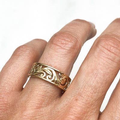 Artisan Filigree Ethical Gold Commitment Ring on hand, top, close up
