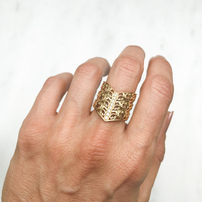Artisan Filigree Ethical Gold Wishbone Jacket Ring with Conflict-Free Diamonds