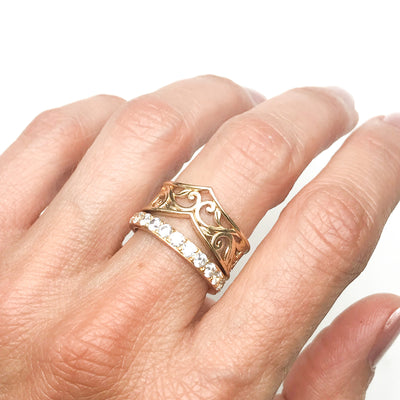 Artisan Filigree Ethical Gold Wishbone Commitment Ring, on hand, stacked with the Altair wedding band micro-set with conflict-free diamonds