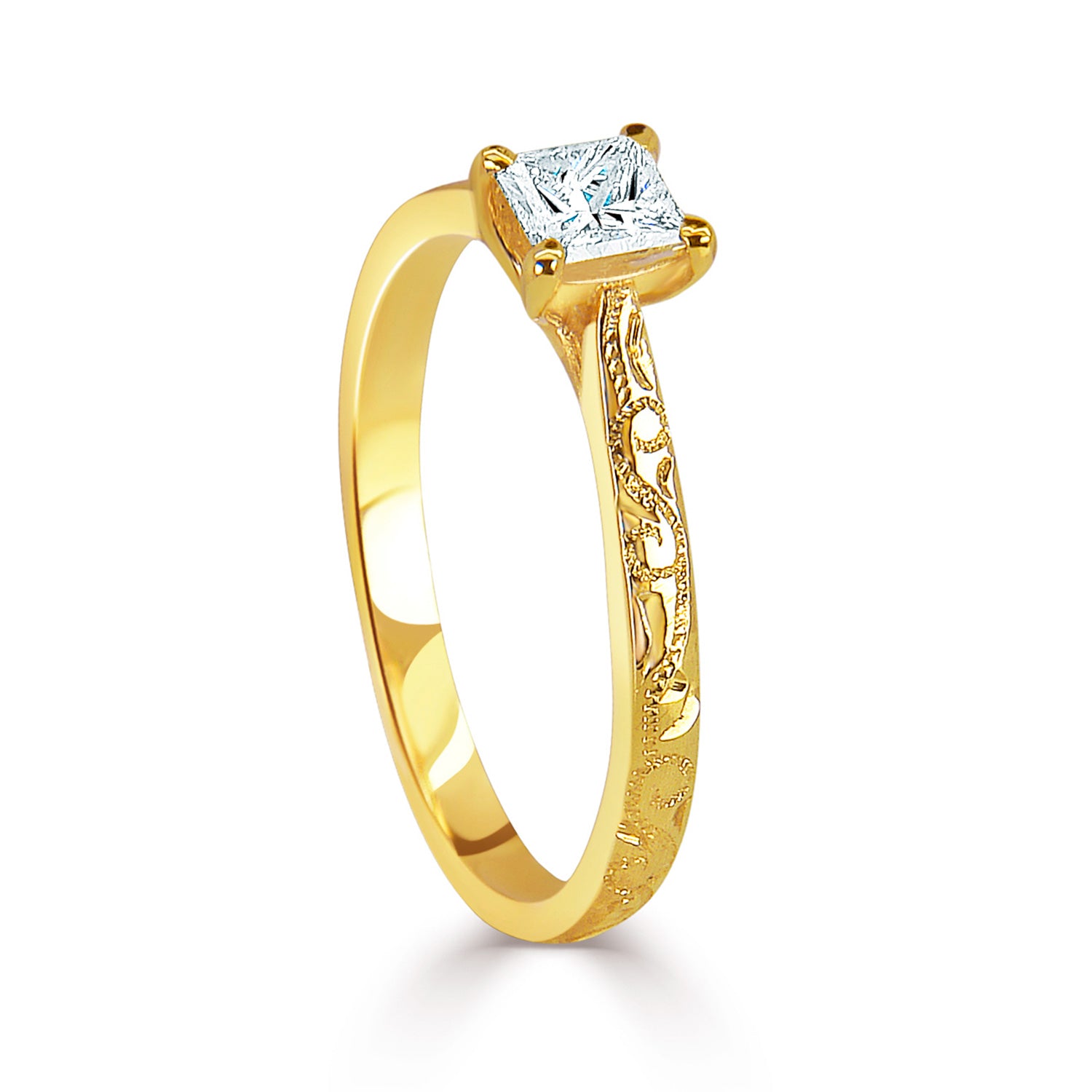 Bespoke engagement ring with hand-engraved Fairtrade Gold band and a princess-cut Canadian diamond