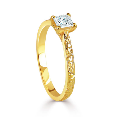 Bespoke engagement ring with hand-engraved Fairtrade Gold band and a princess-cut Canadian diamond