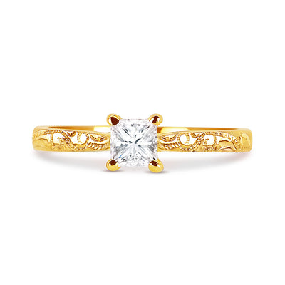 Bespoke engagement ring with hand-engraved Fairtrade Gold band and a princess-cut Canadian diamond 3