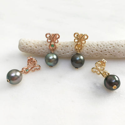 Bespoke earring set with black Tahitian pearls and ethically-sourced coloured gemstones