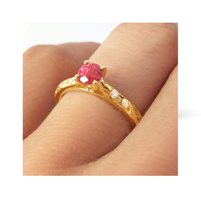 Bespoke Katy engagement ring - ruby Athena with diamond-set shoulders 2