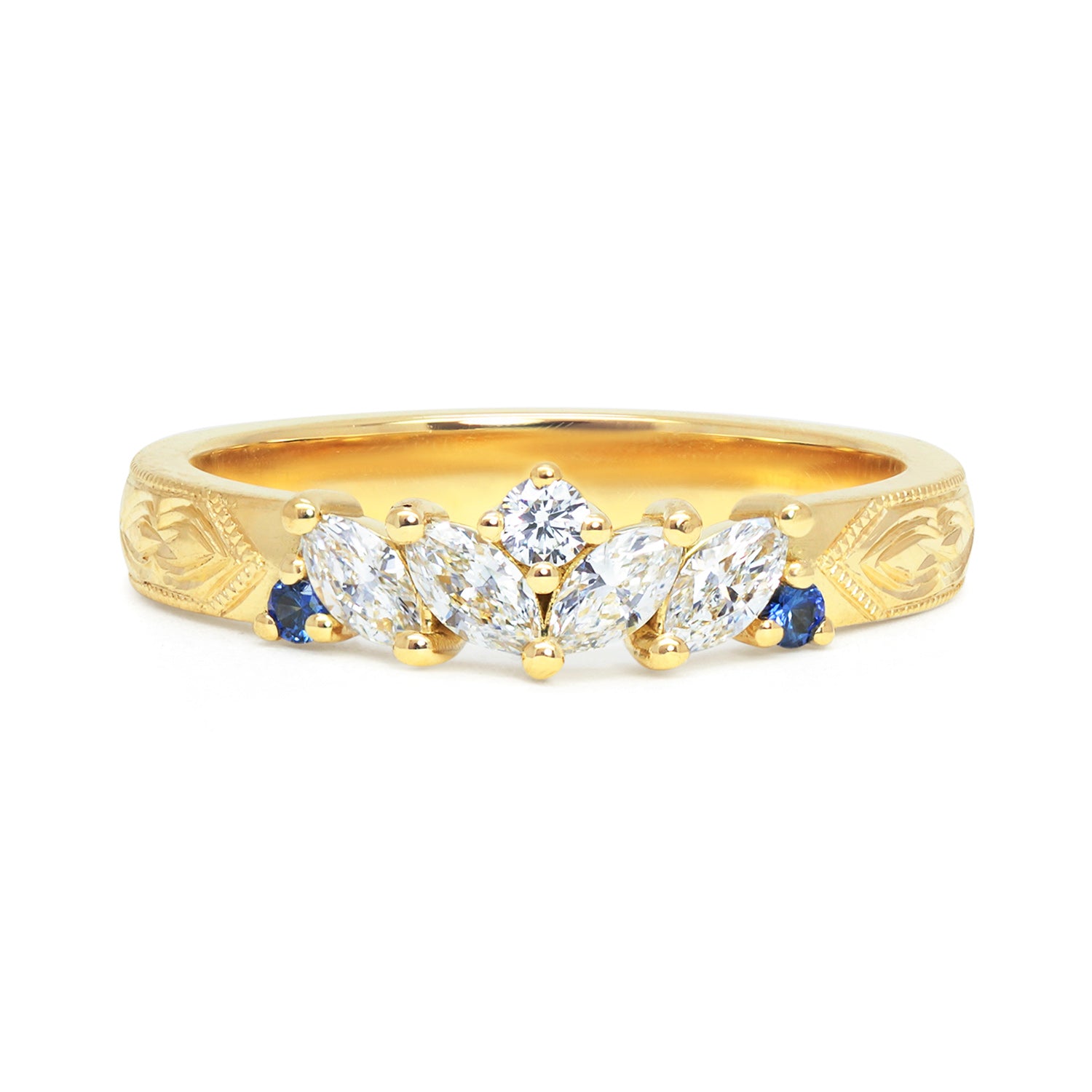 Louise Clarke bespoke hand-engraved wedding band, 18ct yellow Fairtrade Gold, marquise Canadian diamonds, artisanal Ocean Diamonds and fair-traded blue sapphires