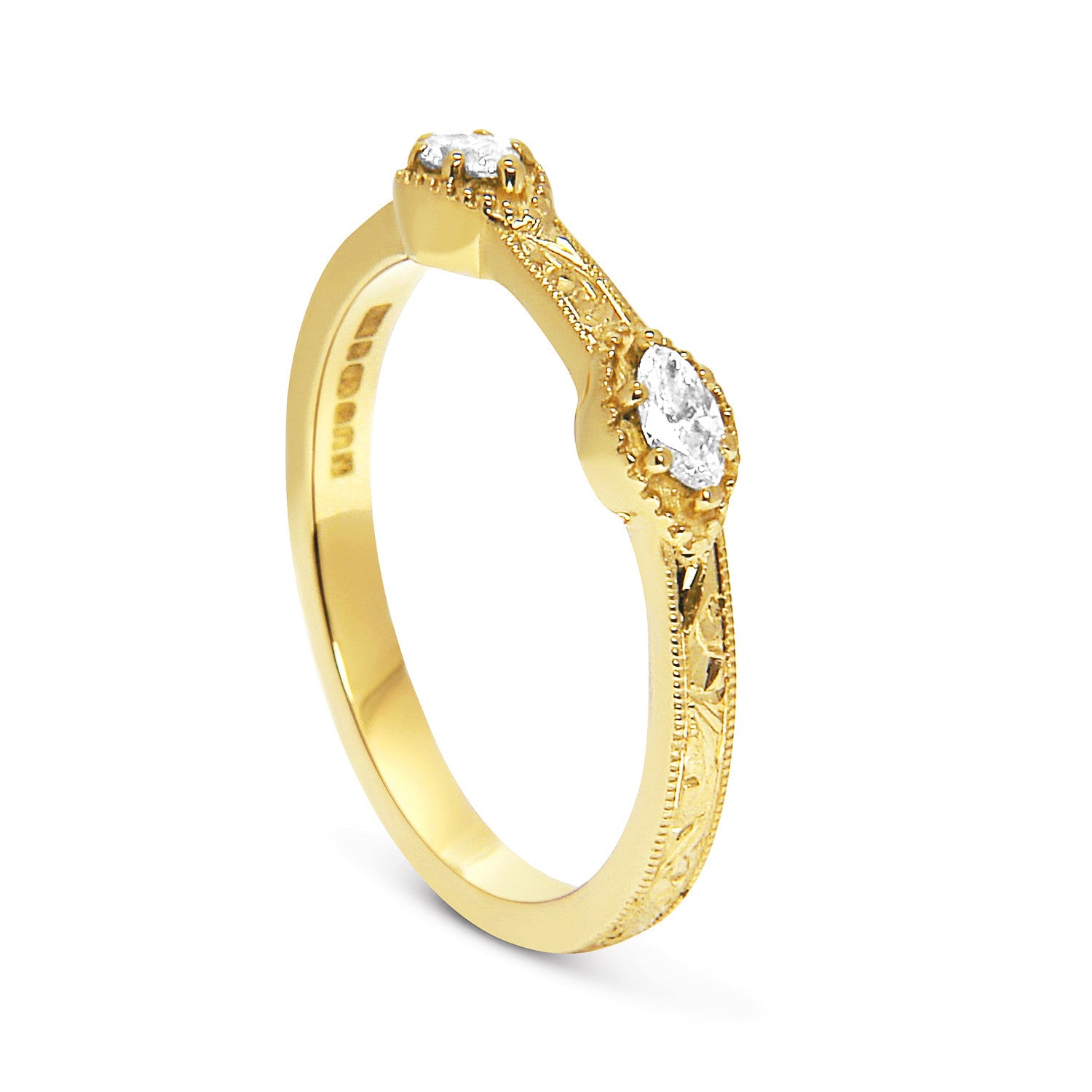 Bespoke Laura wedding ring - Fairtrade Gold, marquise diamonds, milgrain and scrolls
