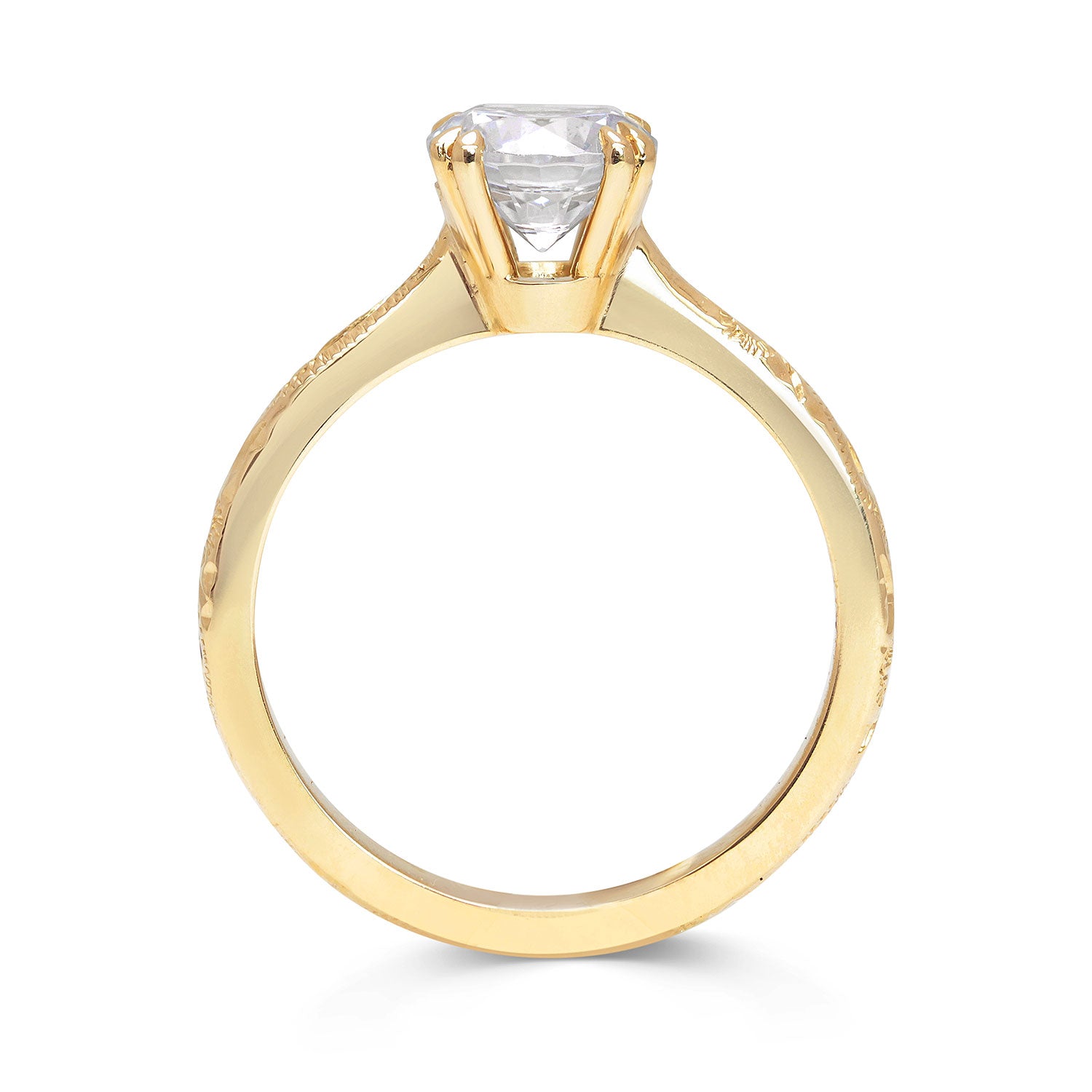 Lebrusan Studio Artisan Ethical Diamond Solitaire Engagement Ring, 1ct brilliant-cut Ocean Diamond, 18ct yellow Fairmined Ecological Gold and hand-engraving, side view