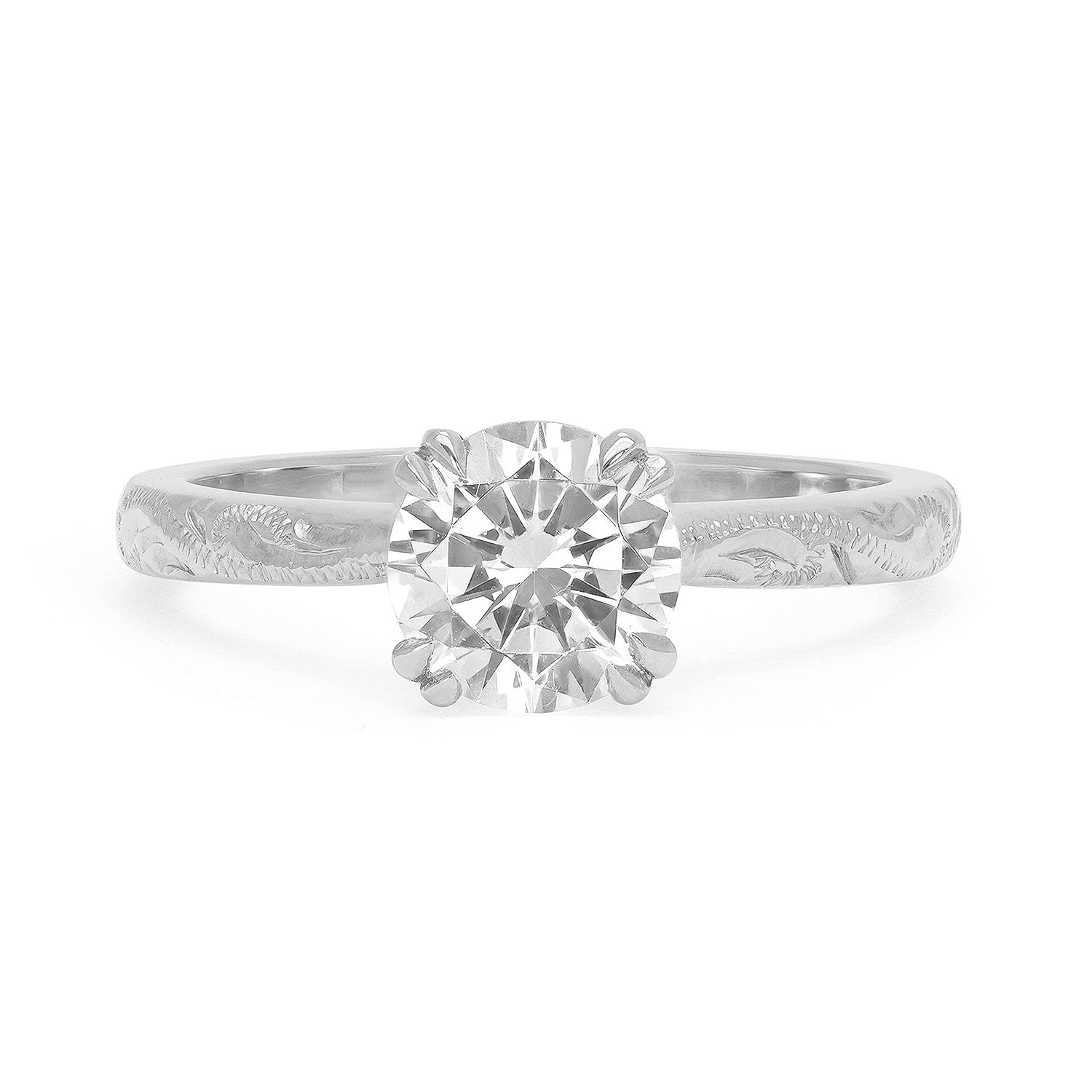 Lebrusan Studio Artisan Ethical Diamond Solitaire Engagement Ring, 1ct brilliant-cut Ocean Diamond, 18ct white Fairmined Ecological Gold and hand-engraving