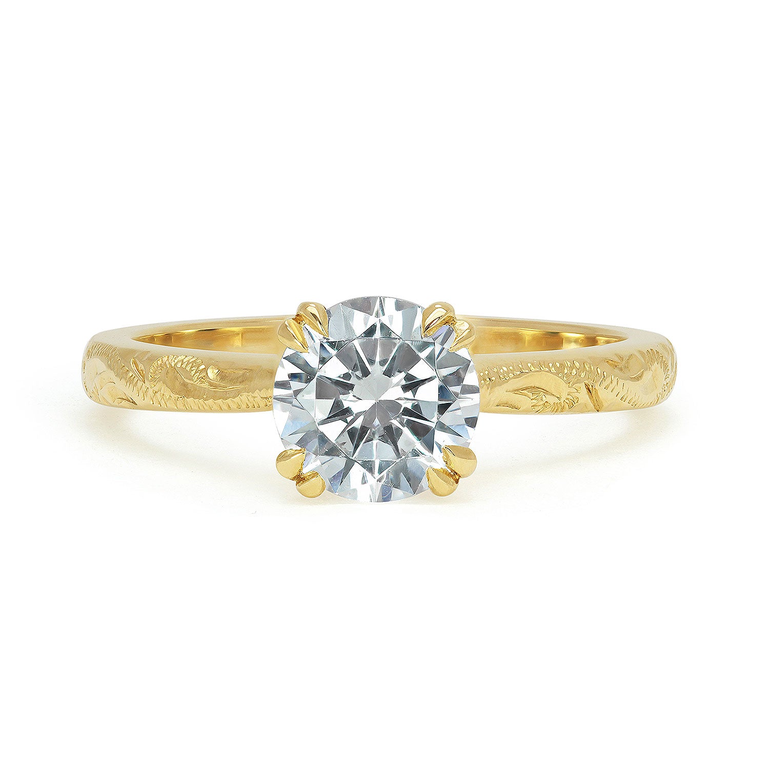 Lebrusan Studio Artisan Ethical Diamond Solitaire Engagement Ring, 1ct brilliant-cut Ocean Diamond, 18ct yellow Fairmined Ecological Gold and hand-engraving