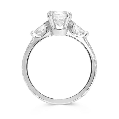 Lebrusan Studio Artisan Trilogy Engagement Ring, 1ct Ocean Diamond, 0.3ct pear-cut side Ocean Diamonds, 18ct white Fairmined Ecological Gold, hand engraving 2