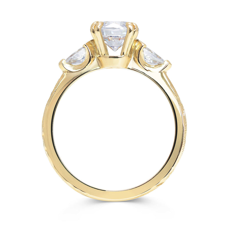 Lebrusan Studio Artisan Trilogy Engagement Ring, 1ct Ocean Diamond, 0.3ct pear-cut side Ocean Diamonds, 18ct Fairmined Ecological Gold, hand engraving