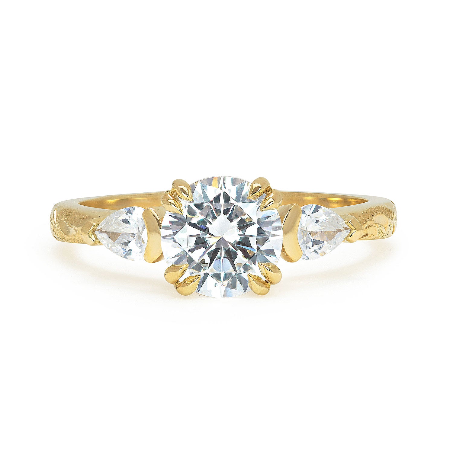 Lebrusan Studio Artisan Trilogy Engagement Ring, 1ct Ocean Diamond, 0.3ct pear-cut side Ocean Diamonds, 18ct Fairmined Ecological Gold, hand engraving