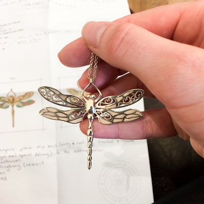 Bespoke Dragonfly Pendant - 9ct recycled yellow gold and coloured enamel 4