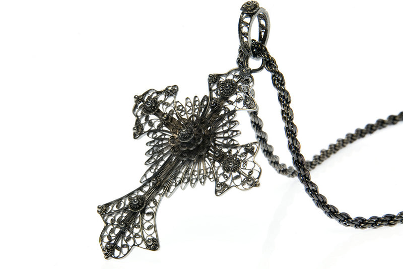 Bespoke filigree black cross pendant - 100% recycled sterling silver and black rhodium plating