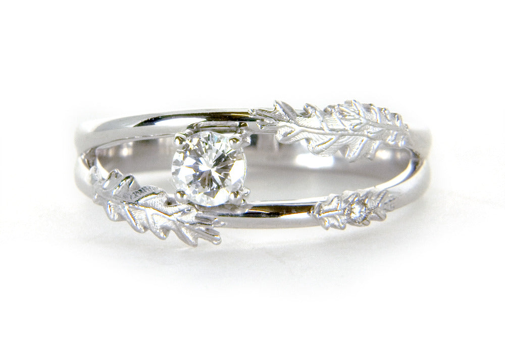 Bespoke Dominike engagement ring - nature-inspired engravings, white Fairtrade Gold and traceable Canadian diamond