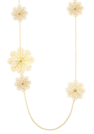 Filigree Rosette Long Necklace. Yellow Gold