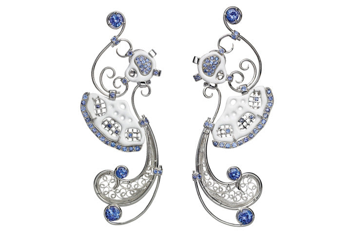 "Folklore", Tanzanite & Enamel 18ct Gold Earrings