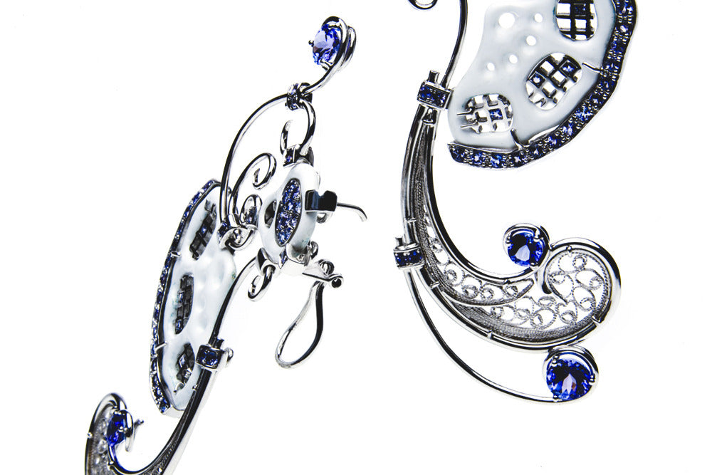 'Folklore': Tanzanite, Enamel & 18ct Gold Art Earrings
